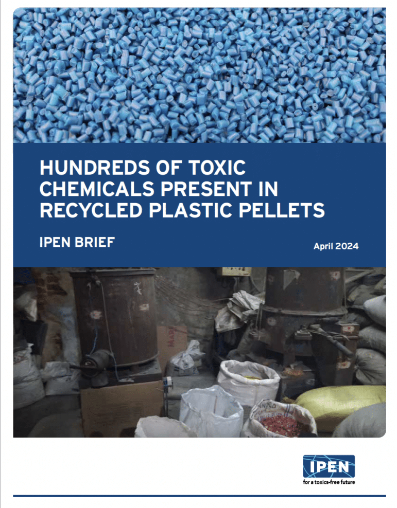 report cover: blue plastic pellets and photo of dirty recycling facility